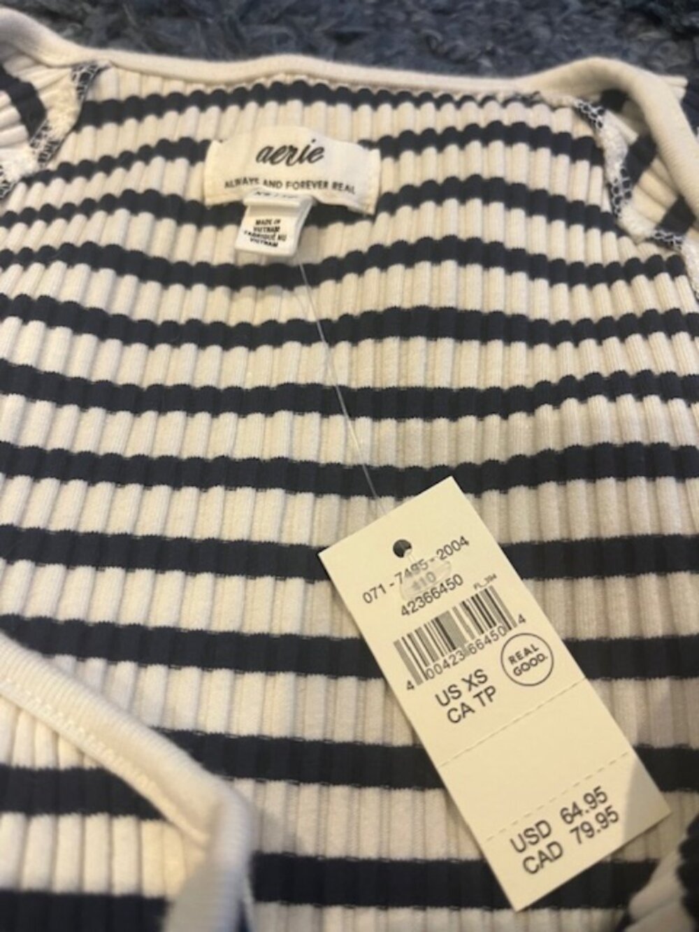 Aerie Ribbed Maxi Dress Navy White Stripe Tie Neck - XS (NWT) - Picture 3 of 6